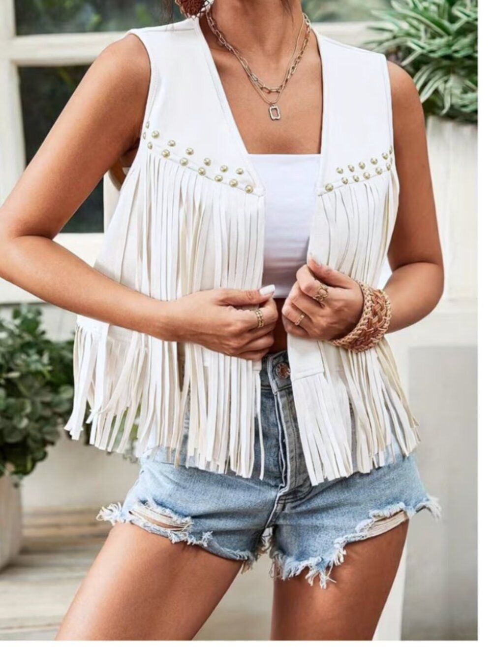 NWT Vest Western Fringe White Faux Suede Studded Tassel Boho Cowgirl